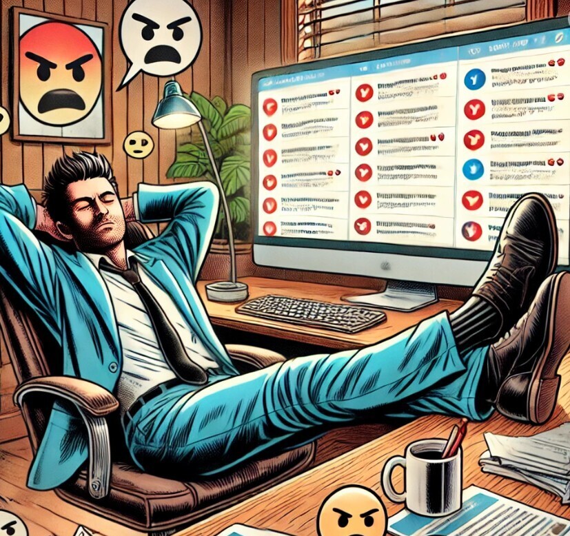 man being a lazy blogger with angry reactions