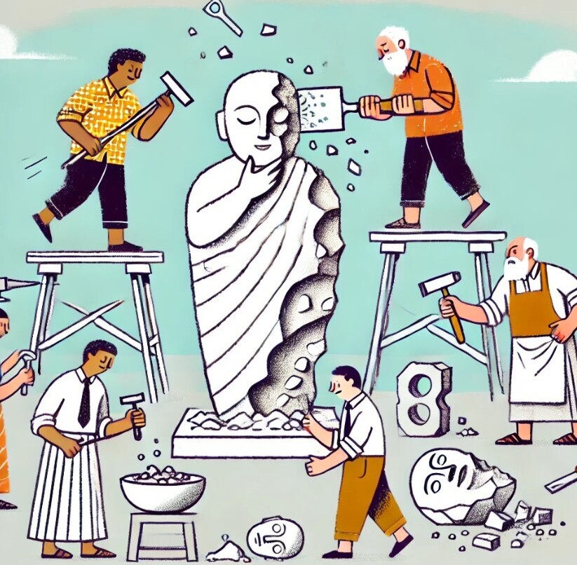 people trying to carve a statue