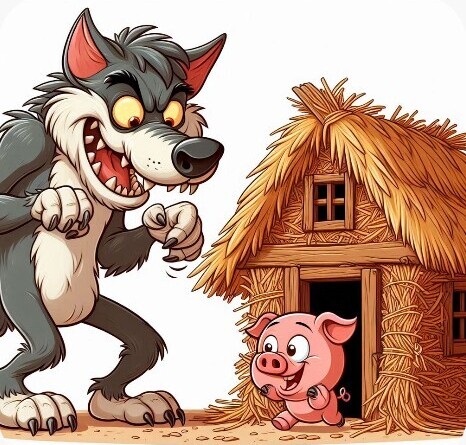 a cartoon image of a wolf looking at a straw house with a little pig running out of it