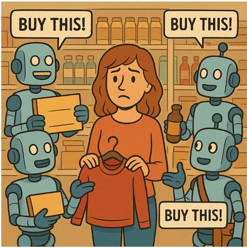a cartoon image of a woman surrounded by 4 robot salesmen