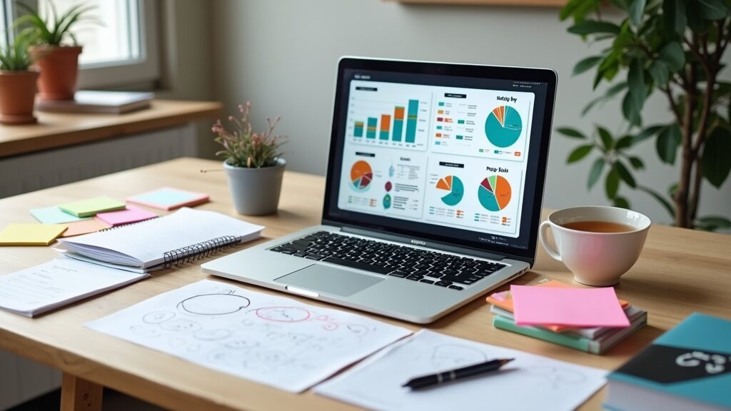 A well-organised desk workspace with a laptop displaying graphs and SEO charts, surrounded by notepads, sticky notes, and a cup of tea.