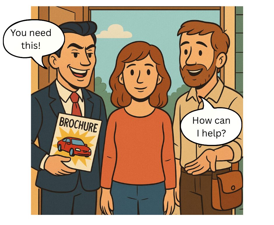 Cartoon images of 2 different salesmen calling at a house
