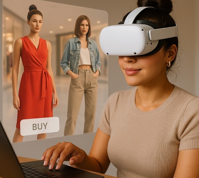 VR fashion commerce - woman using a VR headset to view online fashion
