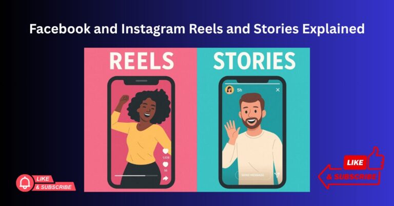Graphic showing Facebook and Instagram Reels and Stories examples