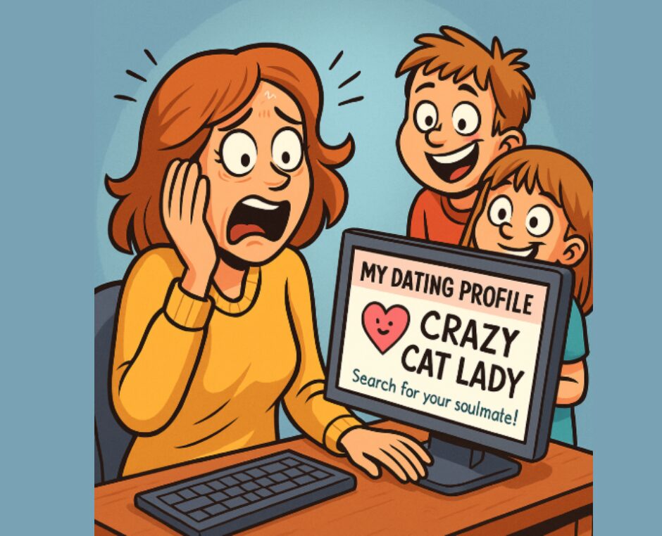 A cartoon image of a woman looking horrified as her children have produced an online dating profile for her