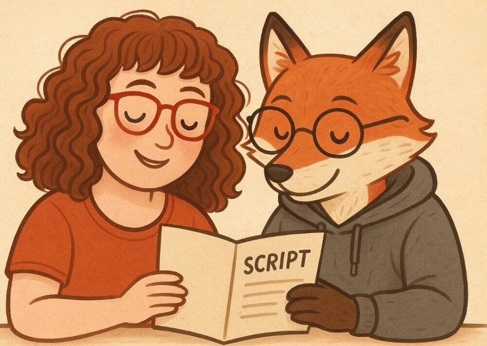 Graphic of a woman and a fox reading a script for how to use AI for online business success