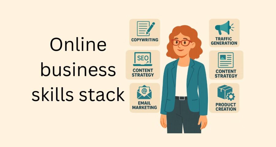 Graphic showing a woman and some online business skills stacked around her