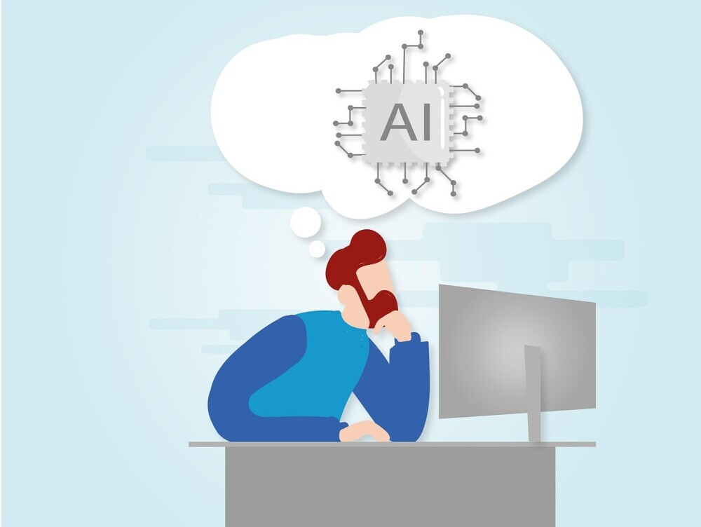 Graphic showing a man looking at a computer and thinking about AI