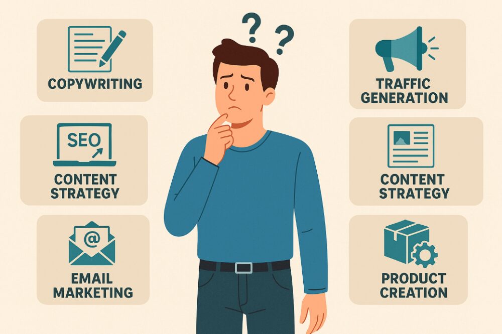 graphic showing a man looking confused surrounded by different online business skills