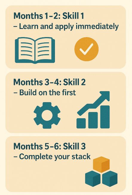 infographic showing how to do the deep dive 6-month skill stack for online business skills