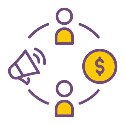 A graphic to represent affiliate marketing showing people sharing ideas and receivng montey