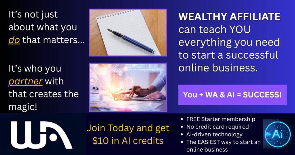 Advert for Wealthy Affiliate advertising their offer and $10 in free AI credits