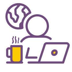 Graphic of person at computer with coffee cup to represent freelancing