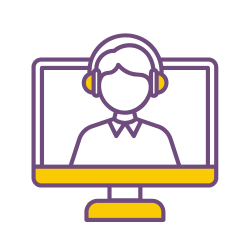 person inside a cmoputer screen with headphones to represent a virtual assistant