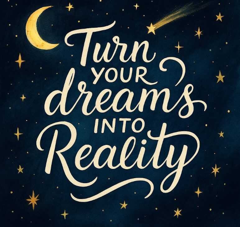 dark background with moon and stars and quote saying "Turn your dreams into reality"