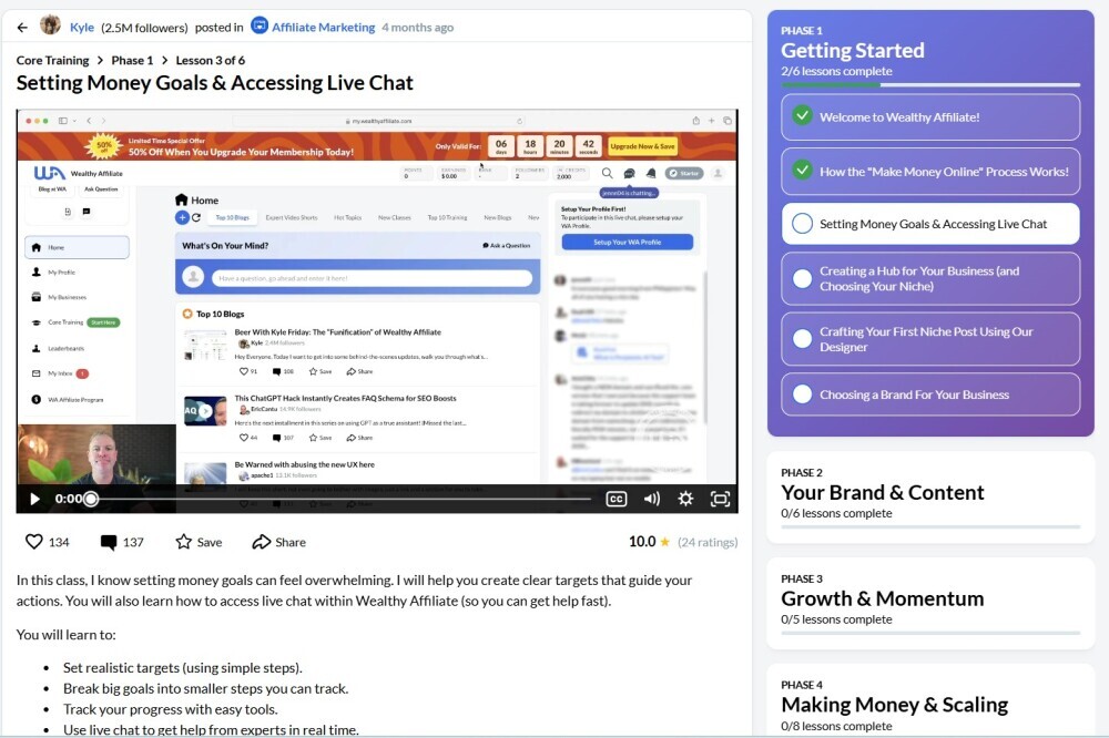Screenshot of the core training at Wealthy Affiliate showing the first 6 lessons and video screen.
