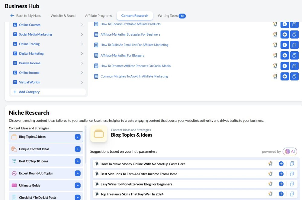 screenshot of Wealthy Affiliate business hub showing tasks, and niche research