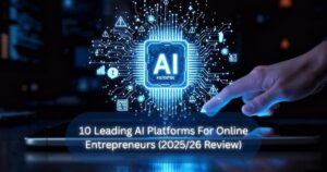Digital image of a hand touching a computer with blue lights coming out of it and the word AI in the centre, with text overlay saying "Leading AI Platforms For Online Entrepreneurs"