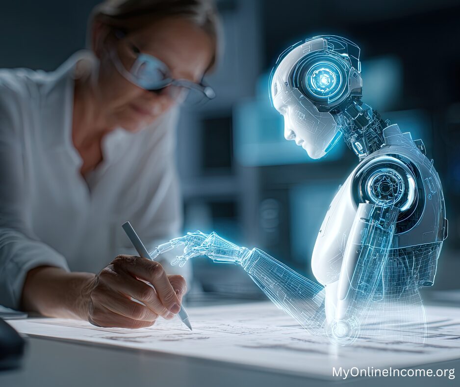 A woman working on a design with a semi-transparent robot seen like a ghost adding input through her pen, to represent AI help