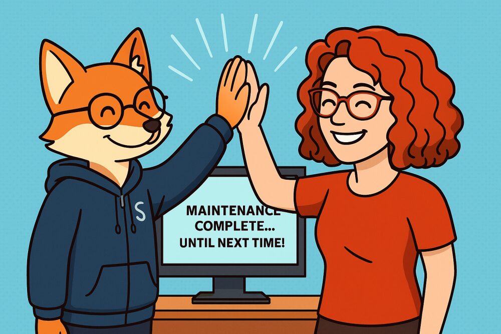Cartoon image of a fox and a woman high-fiving with a computer in the background saying