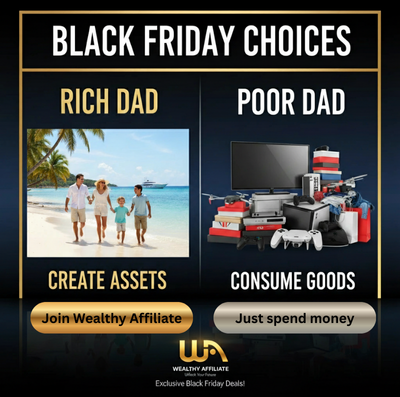 Split image showing a wealthy family on a beach under “Rich Dad” and piles of expensive gadgets under “Poor Dad”, with Wealthy Affiliate branded buttons. Promotion for Wealthy Affiliate Black Friday Deal 2025.